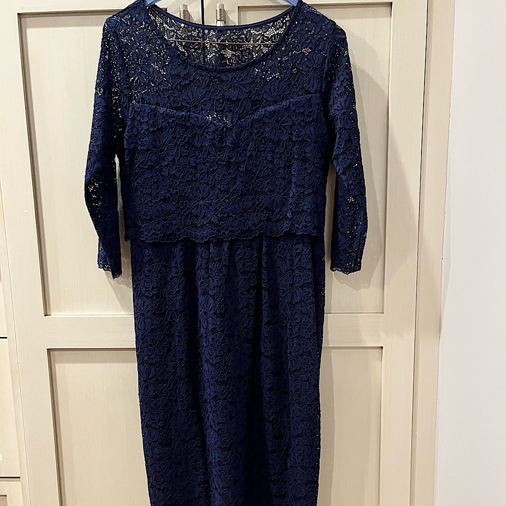 Seraphine blue lace maternity cocktail dress
